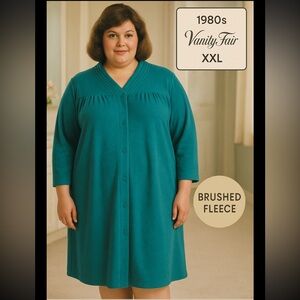 Vintage Vanity Fair Teal Brushed Fleece Robe XXL • 1980s • Snap Front • Pockets